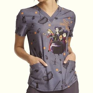 🔥SALE💥HOCUS POCUS CHEROKEE SCRUBS TOONIFORMS DISNEY V NECK TOP SZ LG EUC